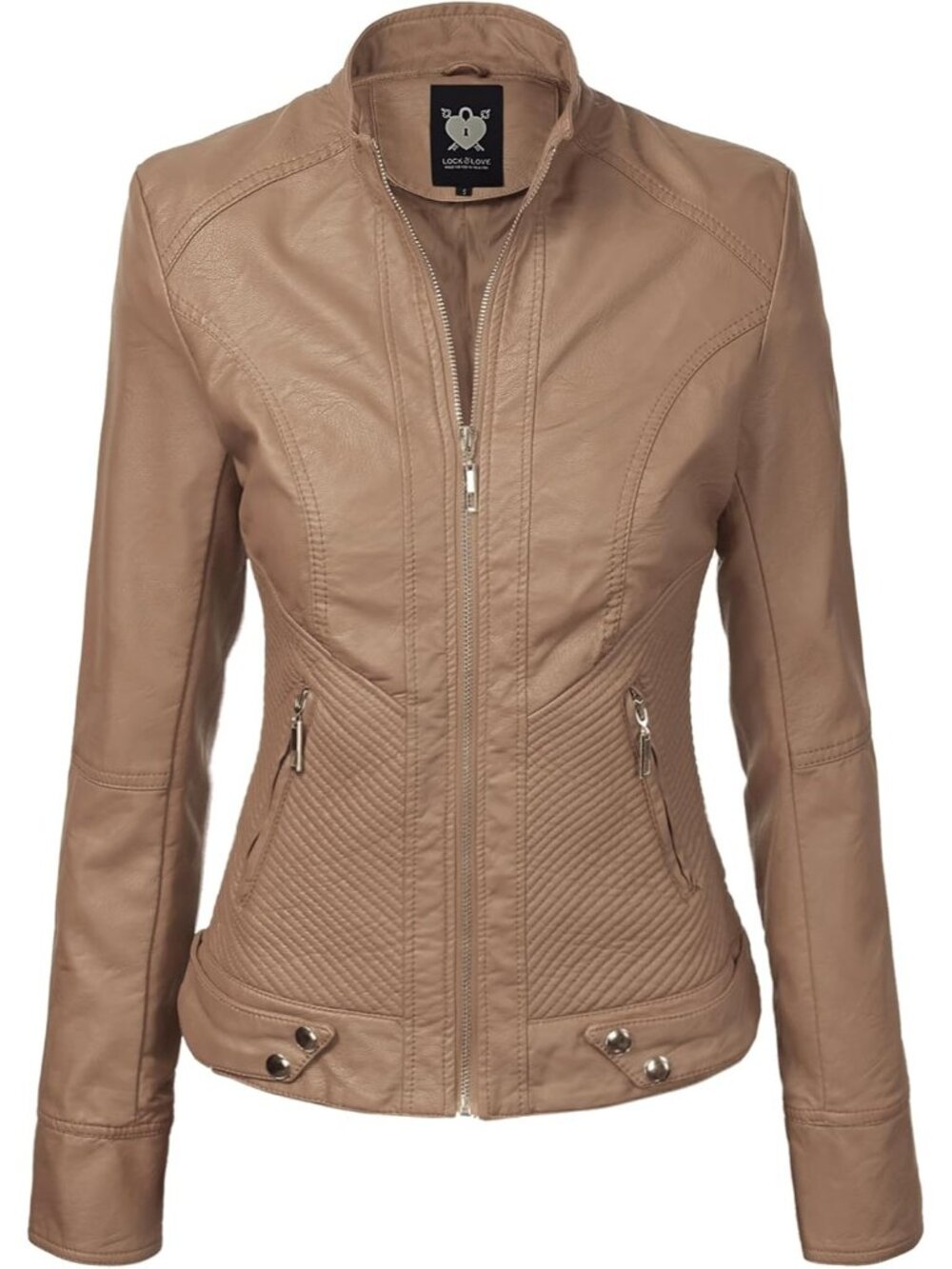 Women Khaki Solid Faux Leather Slim Fit Panelled Vegan Classic Motor Bike Jacket